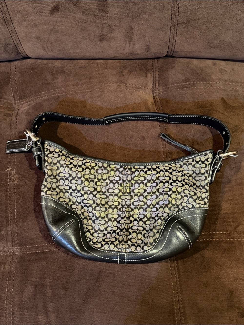 Coach Small Shoulder Bag in Brown and Black Signature Print